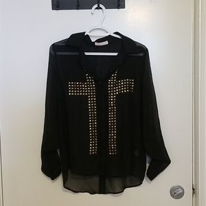 Black Chiffon Button Shirt with Cross Detail